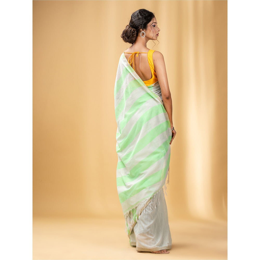 CHARUKRITI Green and Beige Cotton Handwoven Soft Saree with Stripe Pattern with Unstitched Blouse