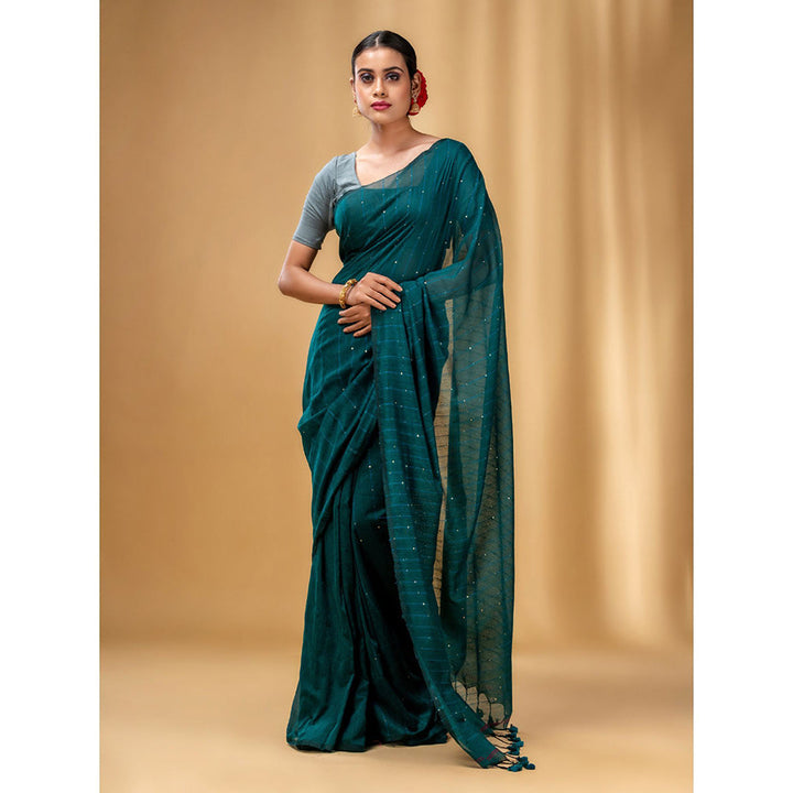 CHARUKRITI Teal Cotton Handwoven Soft Saree with Sequin Work with Unstitched Blouse