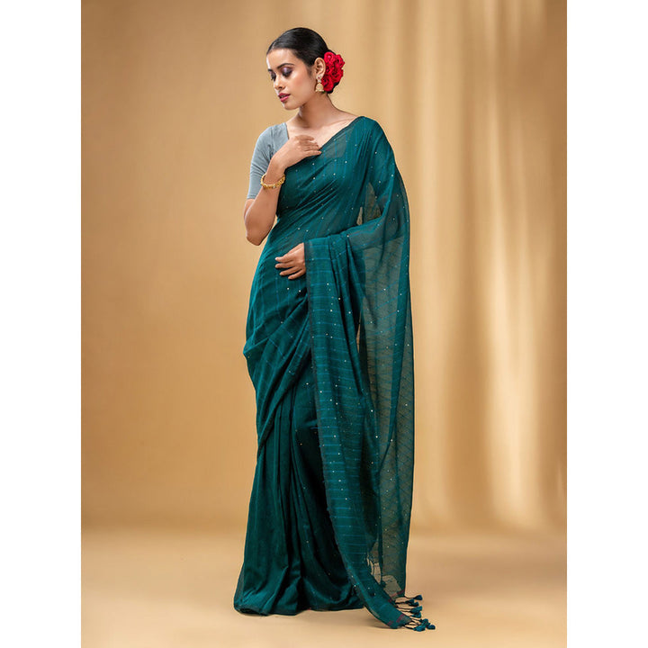 CHARUKRITI Teal Cotton Handwoven Soft Saree with Sequin Work with Unstitched Blouse