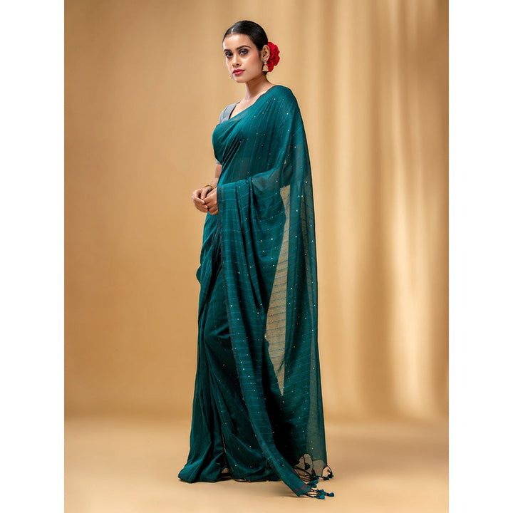 CHARUKRITI Teal Cotton Handwoven Soft Saree with Sequin Work with Unstitched Blouse