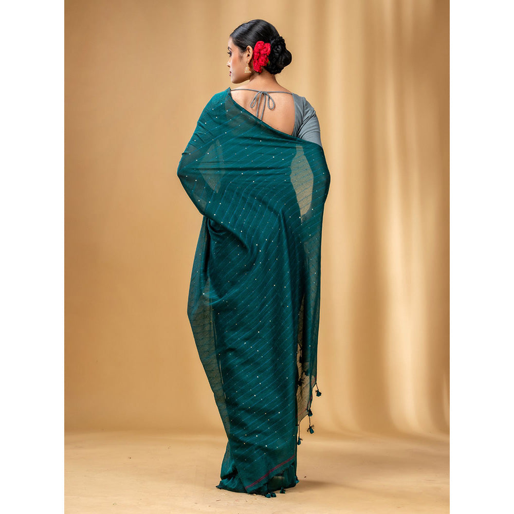 CHARUKRITI Teal Cotton Handwoven Soft Saree with Sequin Work with Unstitched Blouse