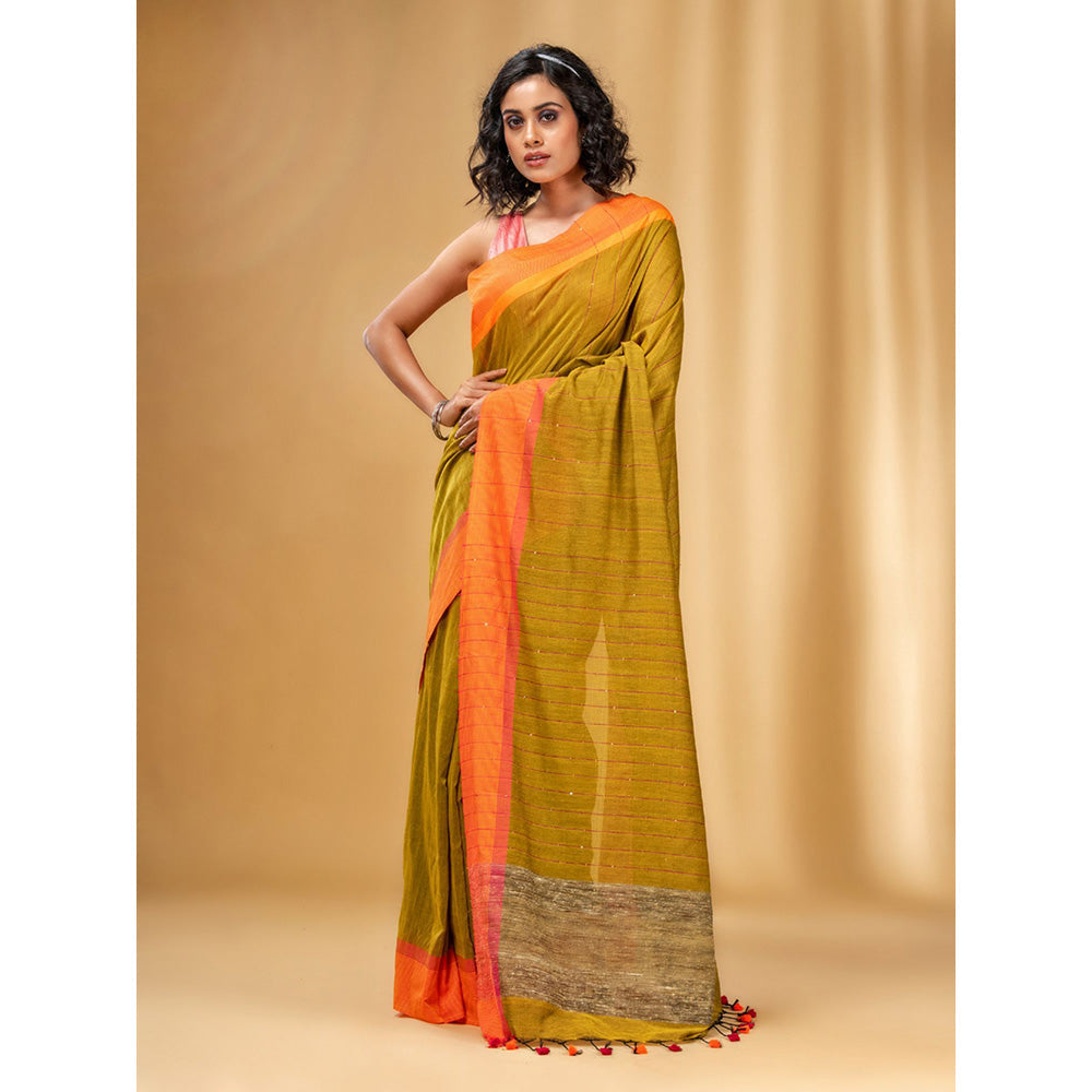 CHARUKRITI All-Over Sequin Weaving Mustard Handwoven Saree with Gheecha Pallu with Unstitched Blouse