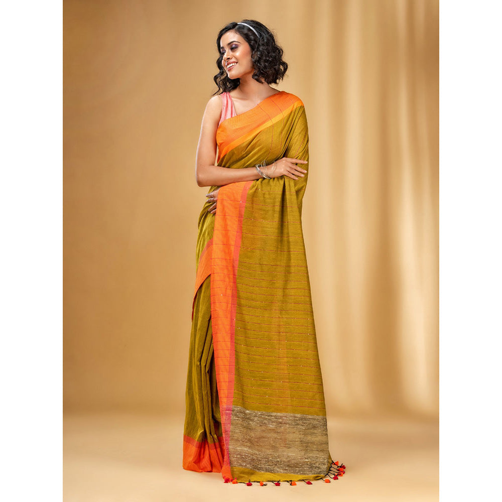 CHARUKRITI All-Over Sequin Weaving Mustard Handwoven Saree with Gheecha Pallu with Unstitched Blouse