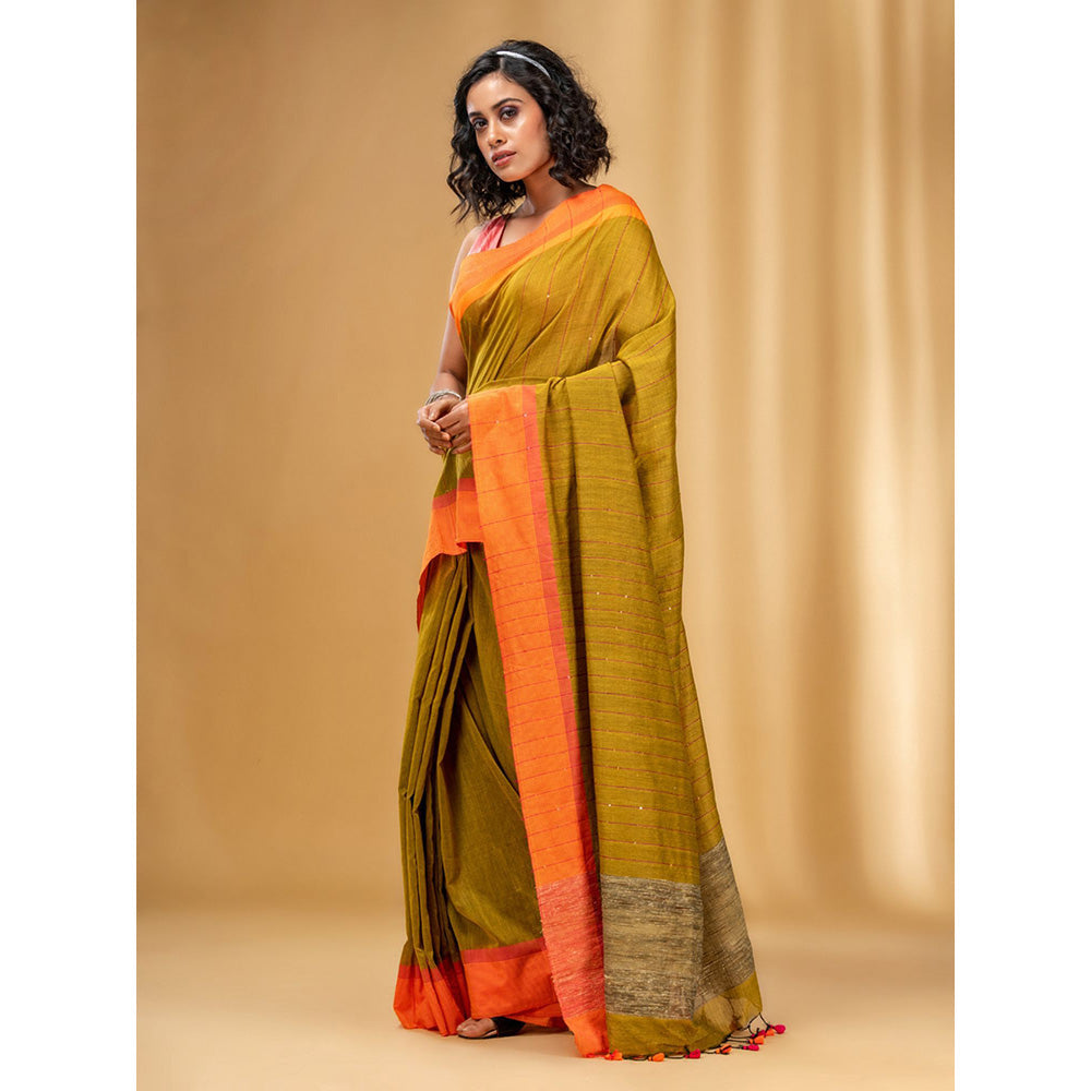 CHARUKRITI All-Over Sequin Weaving Mustard Handwoven Saree with Gheecha Pallu with Unstitched Blouse