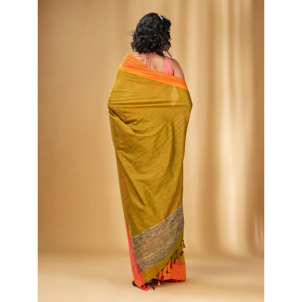 CHARUKRITI All-Over Sequin Weaving Mustard Handwoven Saree with Gheecha Pallu with Unstitched Blouse