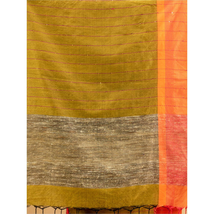 CHARUKRITI All-Over Sequin Weaving Mustard Handwoven Saree with Gheecha Pallu with Unstitched Blouse