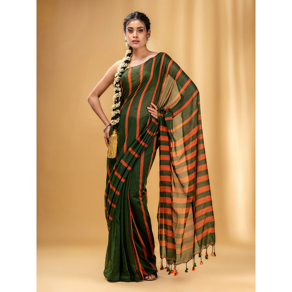 CHARUKRITI Green and Orange Cotton Handwoven Soft Saree with Stripe Pattern with Unstitched Blouse