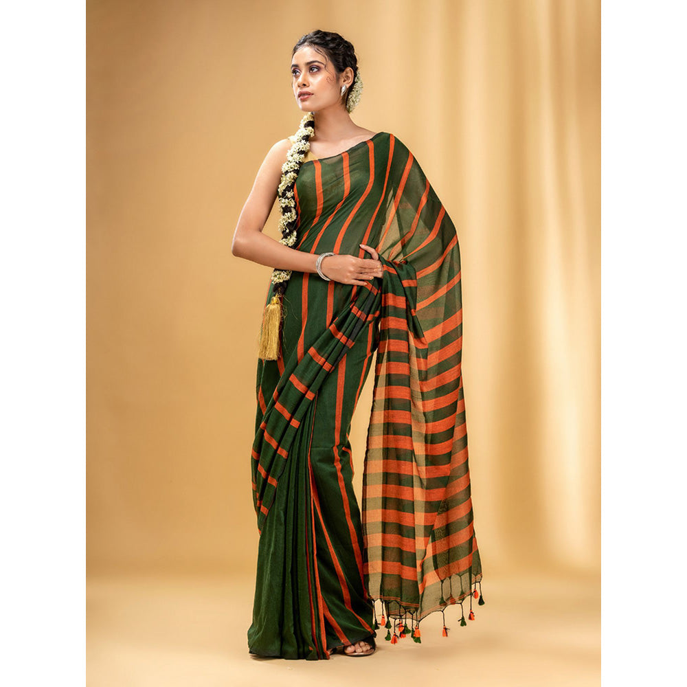 CHARUKRITI Green and Orange Cotton Handwoven Soft Saree with Stripe Pattern with Unstitched Blouse