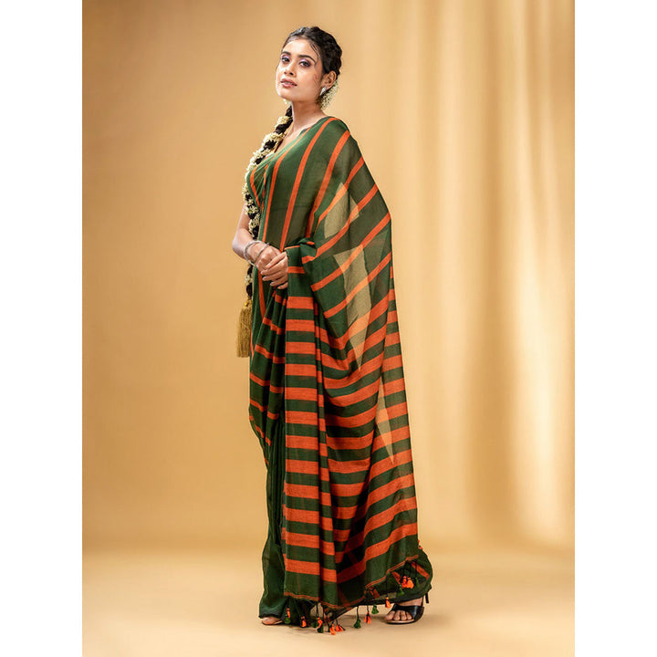 CHARUKRITI Green and Orange Cotton Handwoven Soft Saree with Stripe Pattern with Unstitched Blouse