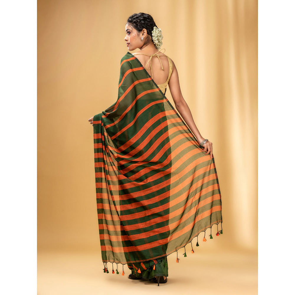 CHARUKRITI Green and Orange Cotton Handwoven Soft Saree with Stripe Pattern with Unstitched Blouse