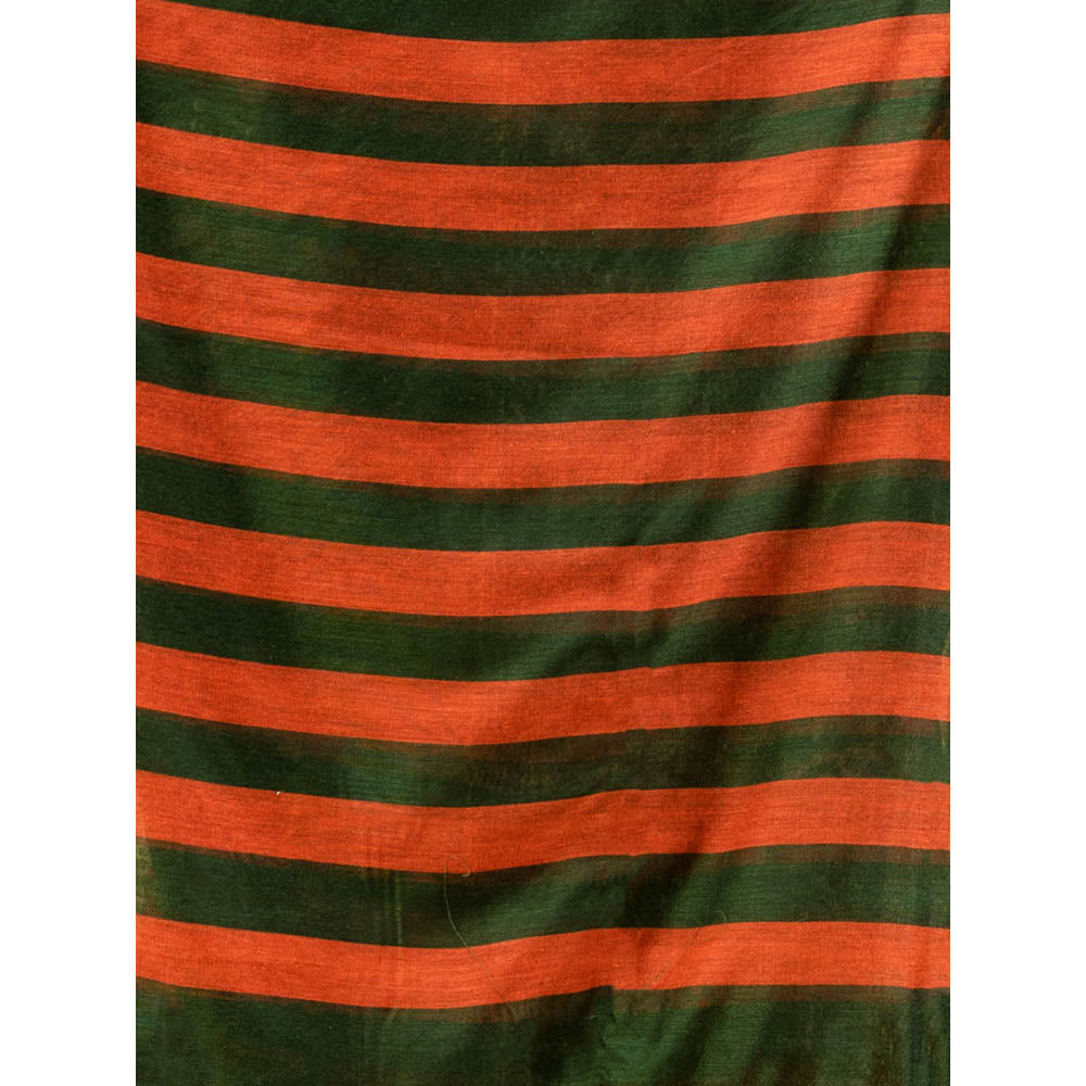 CHARUKRITI Green and Orange Cotton Handwoven Soft Saree with Stripe Pattern with Unstitched Blouse