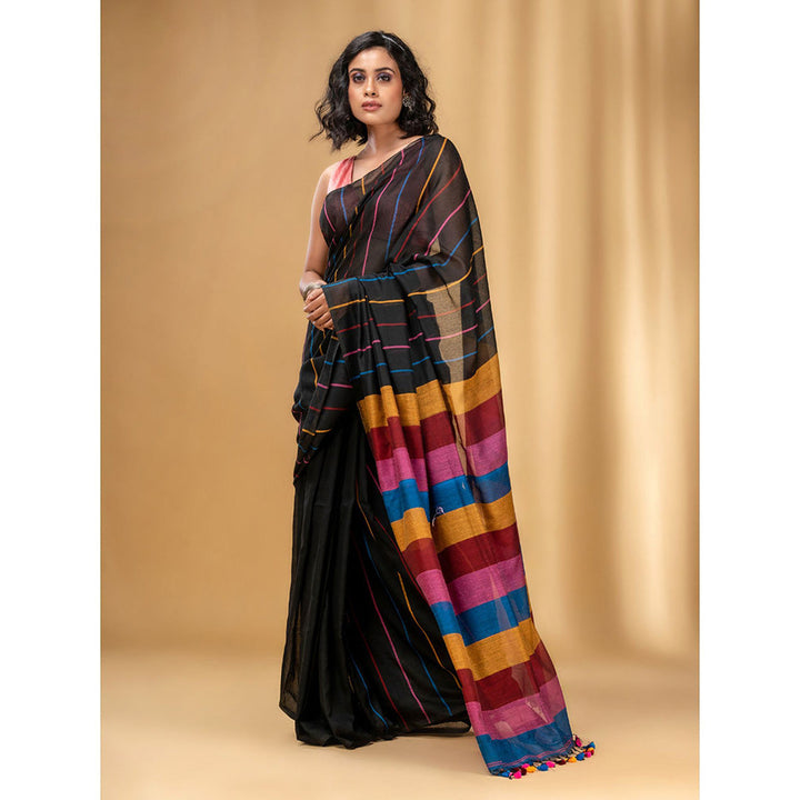 CHARUKRITI Black Cotton Handwoven Soft Saree with Stripe Pattern with Unstitched Blouse