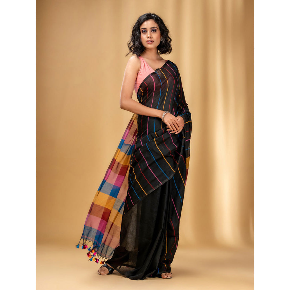 CHARUKRITI Black Cotton Handwoven Soft Saree with Stripe Pattern with Unstitched Blouse