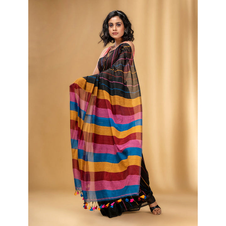 CHARUKRITI Black Cotton Handwoven Soft Saree with Stripe Pattern with Unstitched Blouse