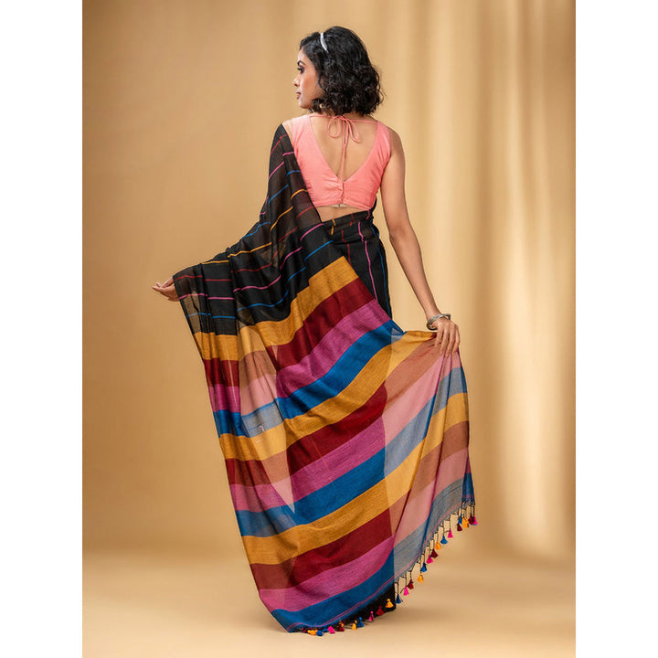 CHARUKRITI Black Cotton Handwoven Soft Saree with Stripe Pattern with Unstitched Blouse