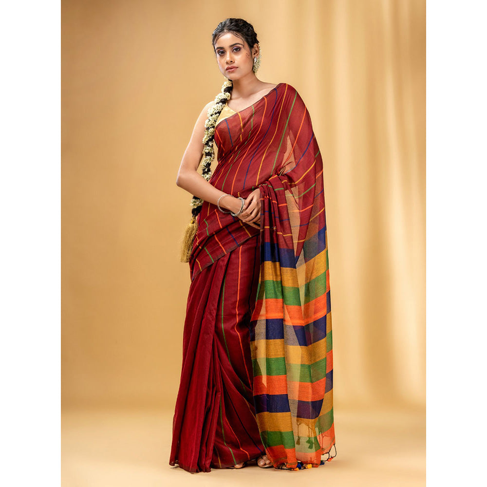 CHARUKRITI Brick Red Cotton Handwoven Soft Saree with Stripe Pattern with Unstitched Blouse