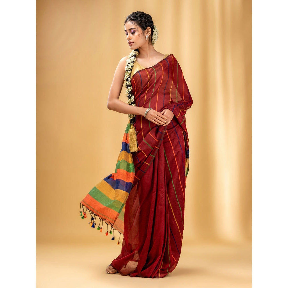 CHARUKRITI Brick Red Cotton Handwoven Soft Saree with Stripe Pattern with Unstitched Blouse