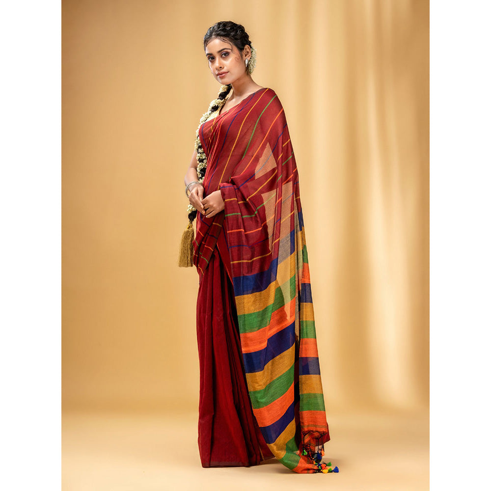 CHARUKRITI Brick Red Cotton Handwoven Soft Saree with Stripe Pattern with Unstitched Blouse