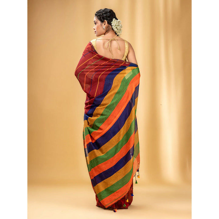 CHARUKRITI Brick Red Cotton Handwoven Soft Saree with Stripe Pattern with Unstitched Blouse