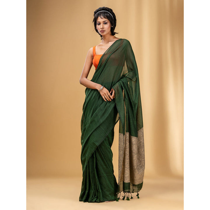 CHARUKRITI Green Cotton Handwoven Soft Saree with Gheecha Pallu with Unstitched Blouse