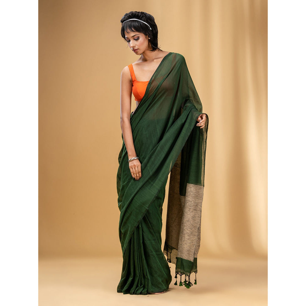 CHARUKRITI Green Cotton Handwoven Soft Saree with Gheecha Pallu with Unstitched Blouse