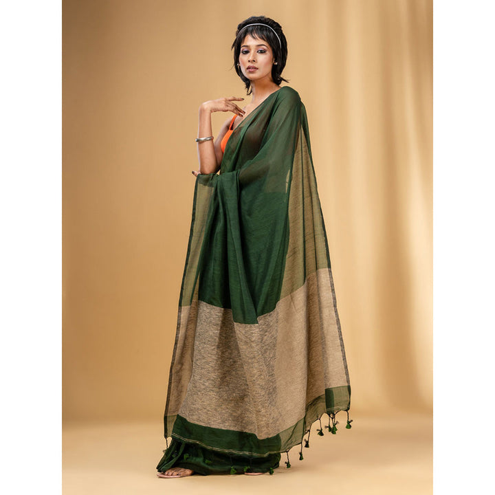 CHARUKRITI Green Cotton Handwoven Soft Saree with Gheecha Pallu with Unstitched Blouse