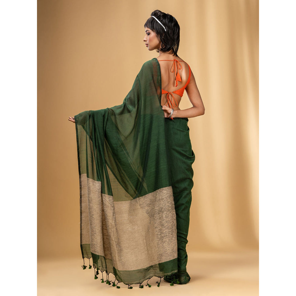 CHARUKRITI Green Cotton Handwoven Soft Saree with Gheecha Pallu with Unstitched Blouse