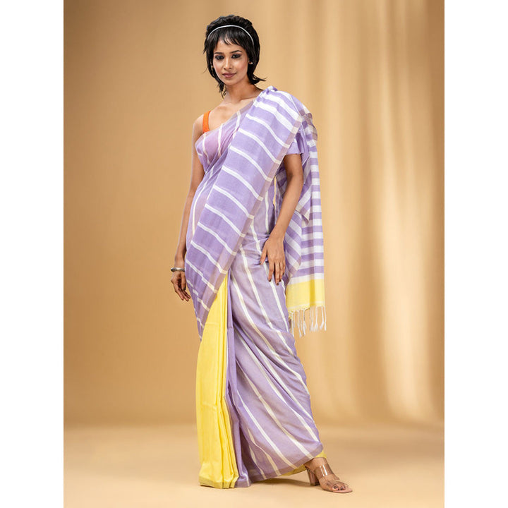 CHARUKRITI Lilac and Banana Yellow Cotton Handwoven Half N Half Stripe Saree with Unstitched Blouse