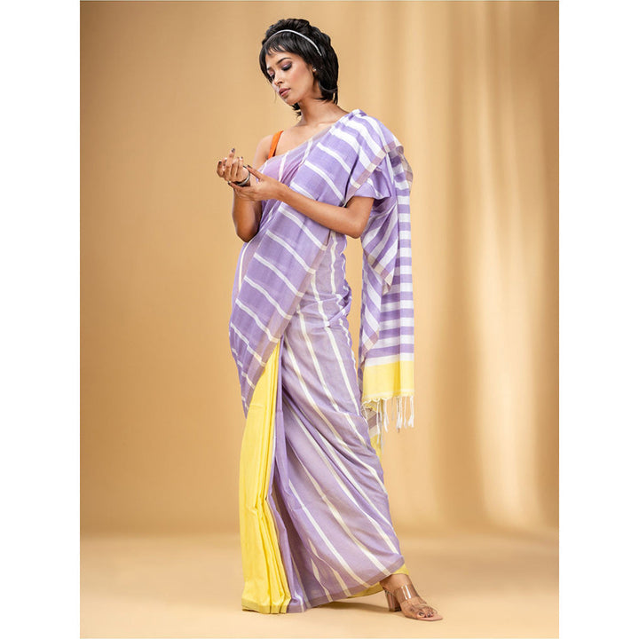 CHARUKRITI Lilac and Banana Yellow Cotton Handwoven Half N Half Stripe Saree with Unstitched Blouse