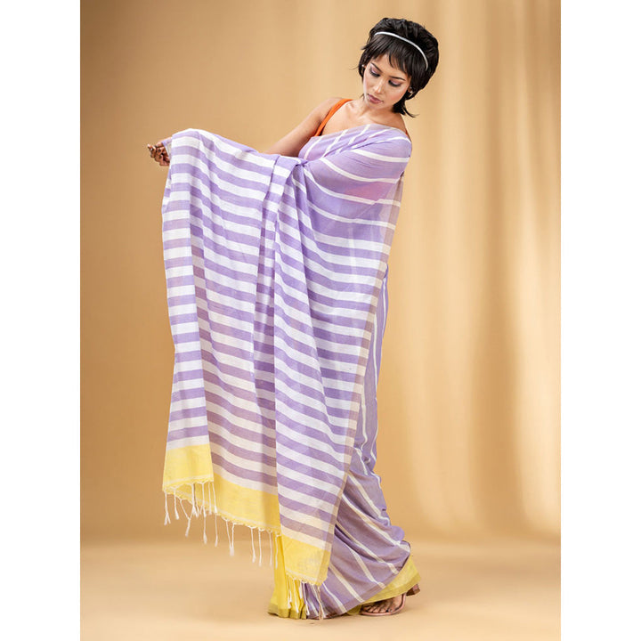 CHARUKRITI Lilac and Banana Yellow Cotton Handwoven Half N Half Stripe Saree with Unstitched Blouse