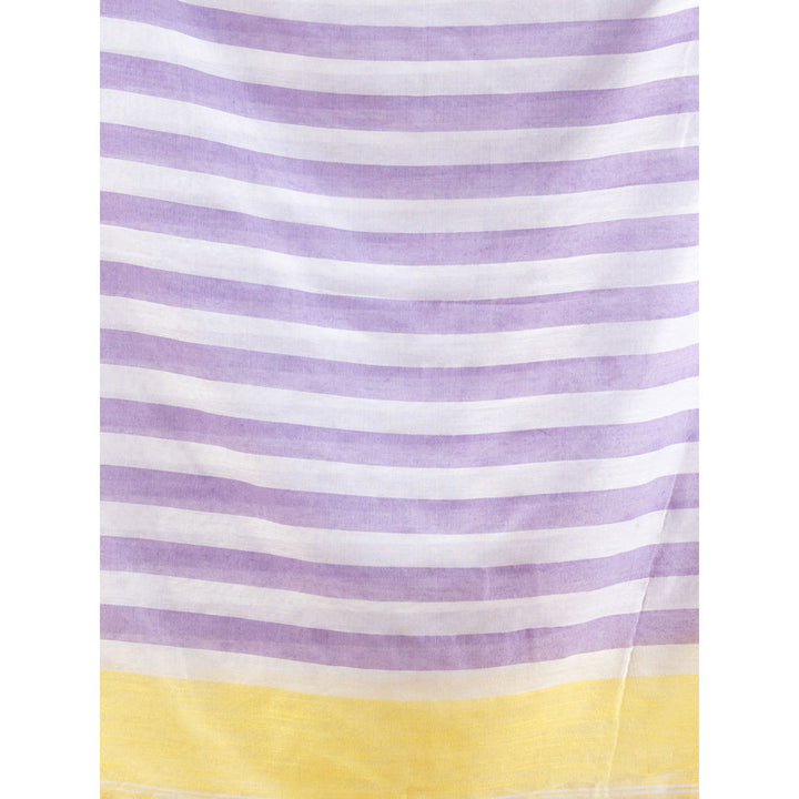 CHARUKRITI Lilac and Banana Yellow Cotton Handwoven Half N Half Stripe Saree with Unstitched Blouse