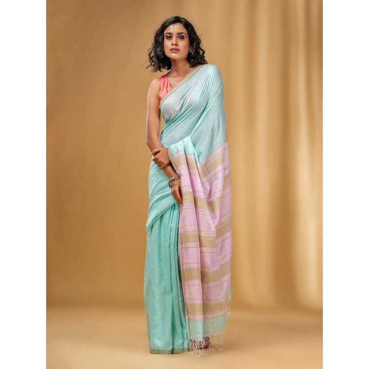 CHARUKRITI Sea Green Handwoven Soft Saree with Stripe Pallu In Pink and Beige with Unstitched Blouse