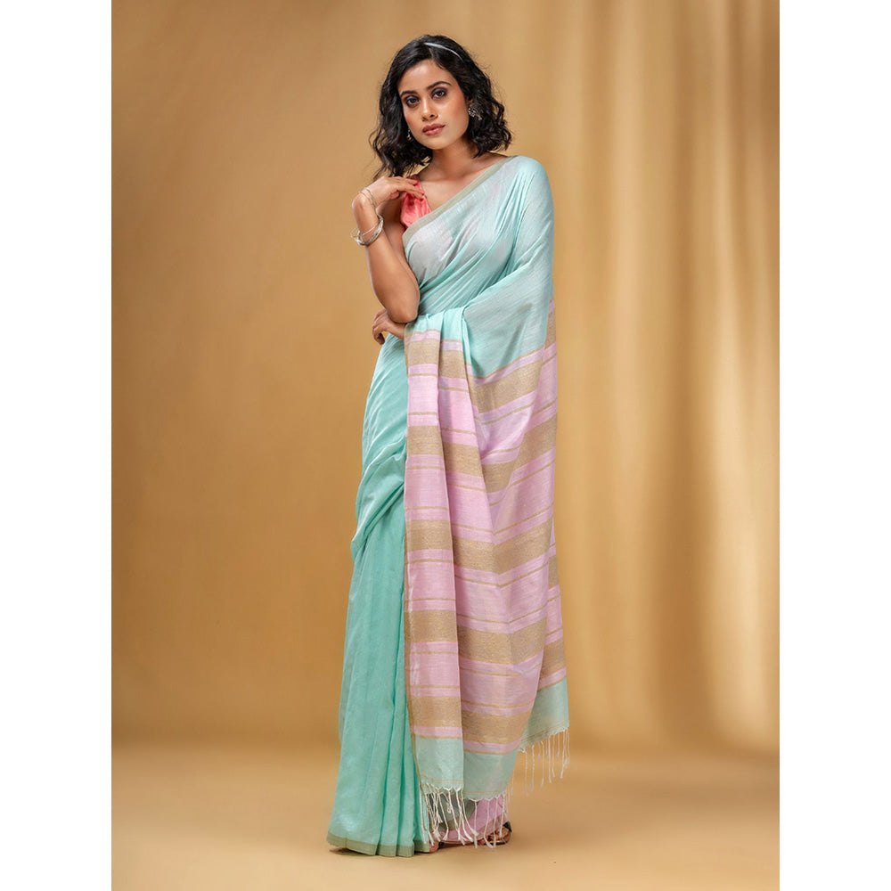 CHARUKRITI Sea Green Handwoven Soft Saree with Stripe Pallu In Pink and Beige with Unstitched Blouse