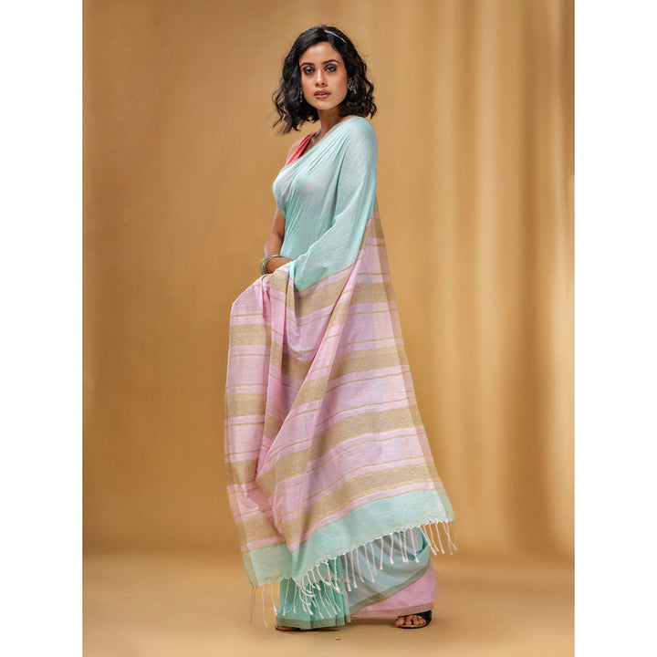 CHARUKRITI Sea Green Handwoven Soft Saree with Stripe Pallu In Pink and Beige with Unstitched Blouse