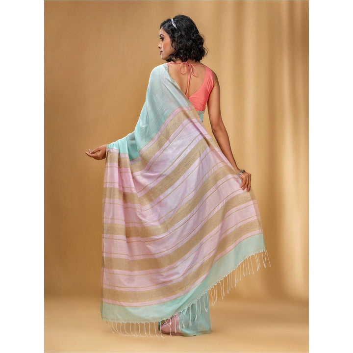 CHARUKRITI Sea Green Handwoven Soft Saree with Stripe Pallu In Pink and Beige with Unstitched Blouse