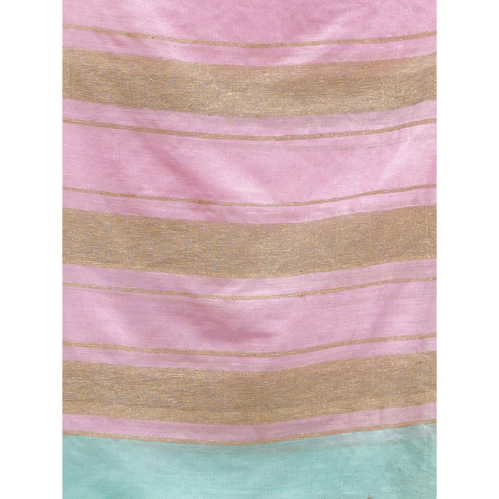 CHARUKRITI Sea Green Handwoven Soft Saree with Stripe Pallu In Pink and Beige with Unstitched Blouse