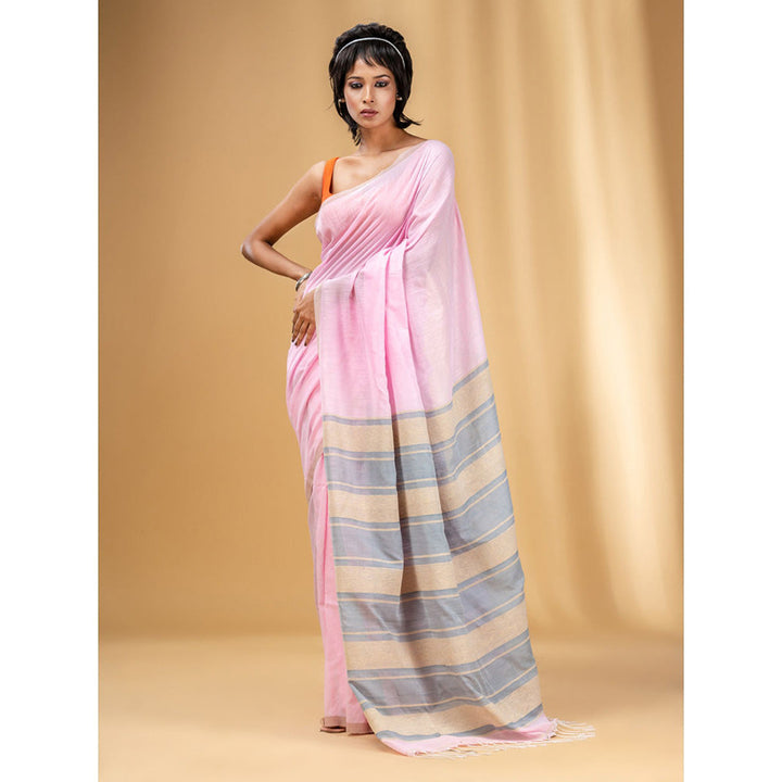 CHARUKRITI Baby Pink Handwoven Soft Saree with Stripe Pallu In Grey and Beige with Unstitched Blouse