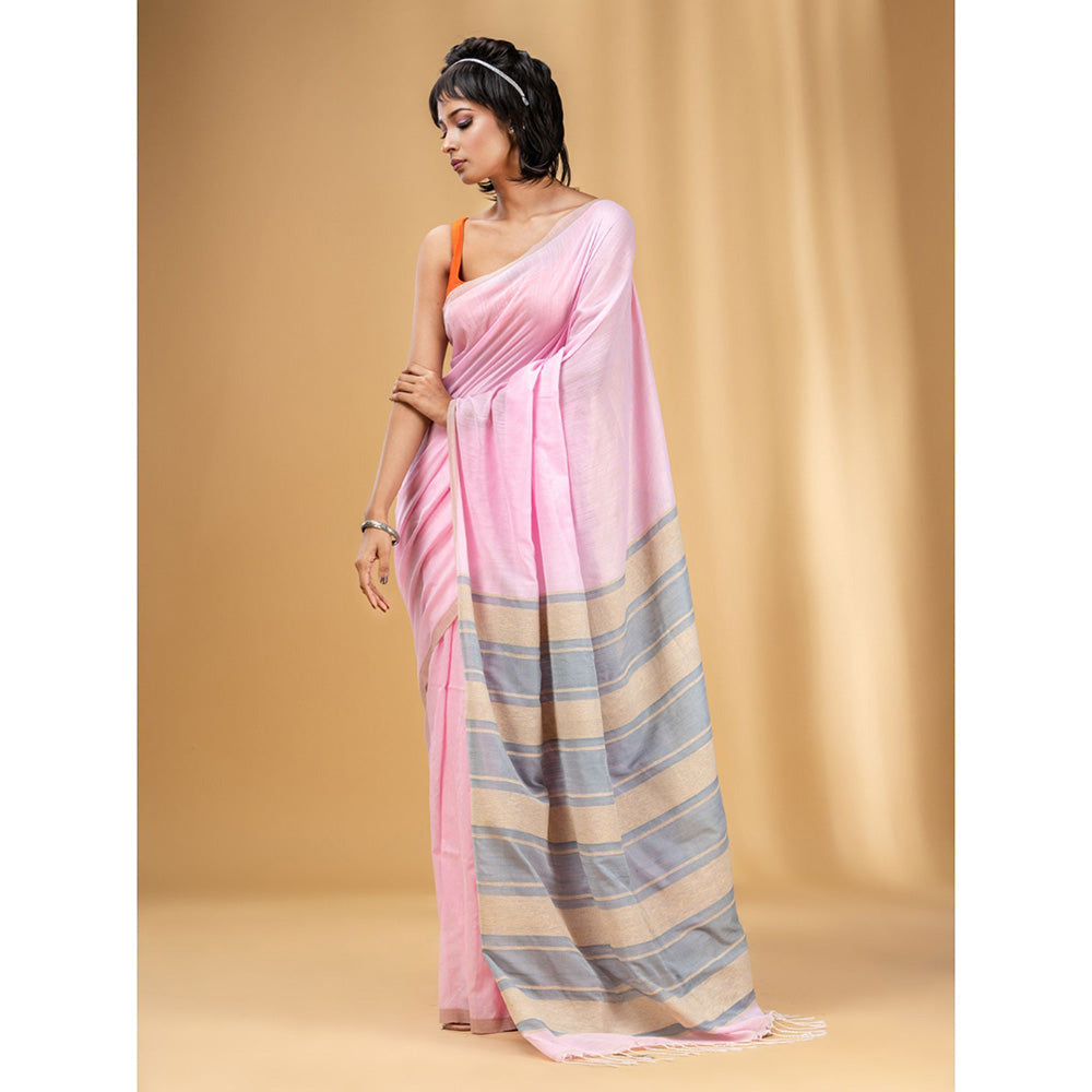 CHARUKRITI Baby Pink Handwoven Soft Saree with Stripe Pallu In Grey and Beige with Unstitched Blouse