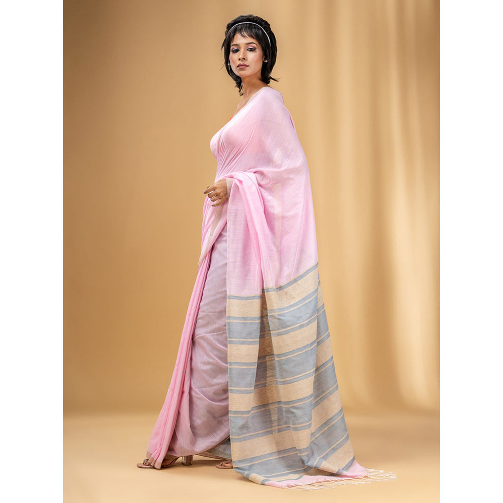 CHARUKRITI Baby Pink Handwoven Soft Saree with Stripe Pallu In Grey and Beige with Unstitched Blouse