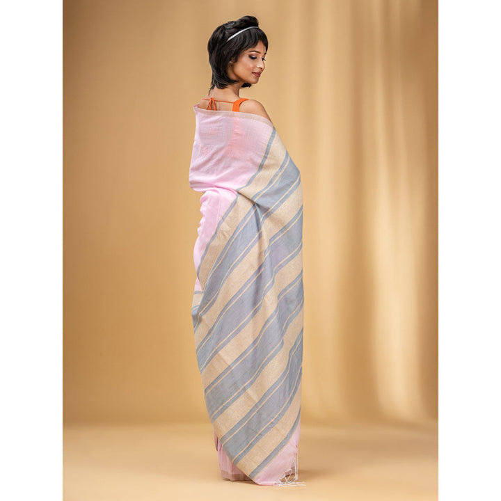 CHARUKRITI Baby Pink Handwoven Soft Saree with Stripe Pallu In Grey and Beige with Unstitched Blouse