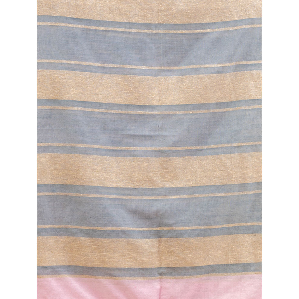 CHARUKRITI Baby Pink Handwoven Soft Saree with Stripe Pallu In Grey and Beige with Unstitched Blouse