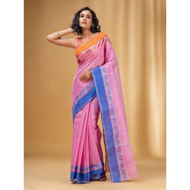 CHARUKRITI All-Over Weaving Pink Handwoven Cotton Tant Saree