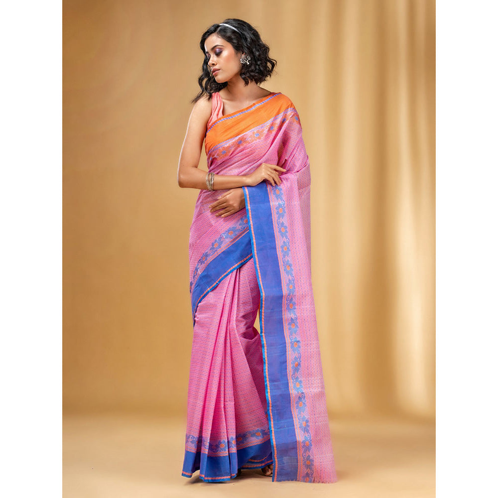 CHARUKRITI All-Over Weaving Pink Handwoven Cotton Tant Saree