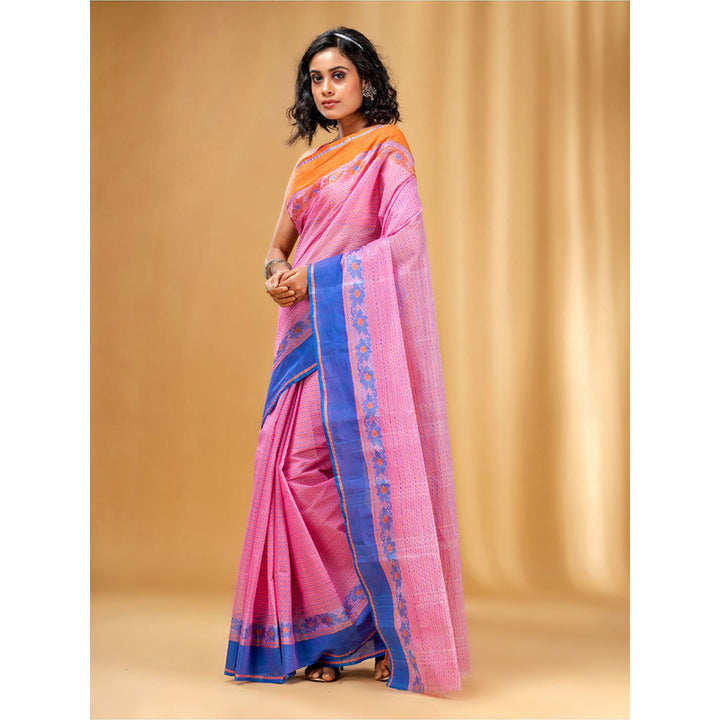 CHARUKRITI All-Over Weaving Pink Handwoven Cotton Tant Saree