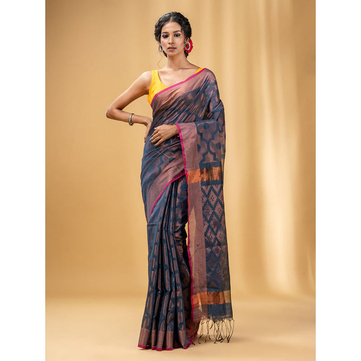 CHARUKRITI Aegean Blue Cotton Blend Handwoven Saree with Texture Pattern with Unstitched Blouse