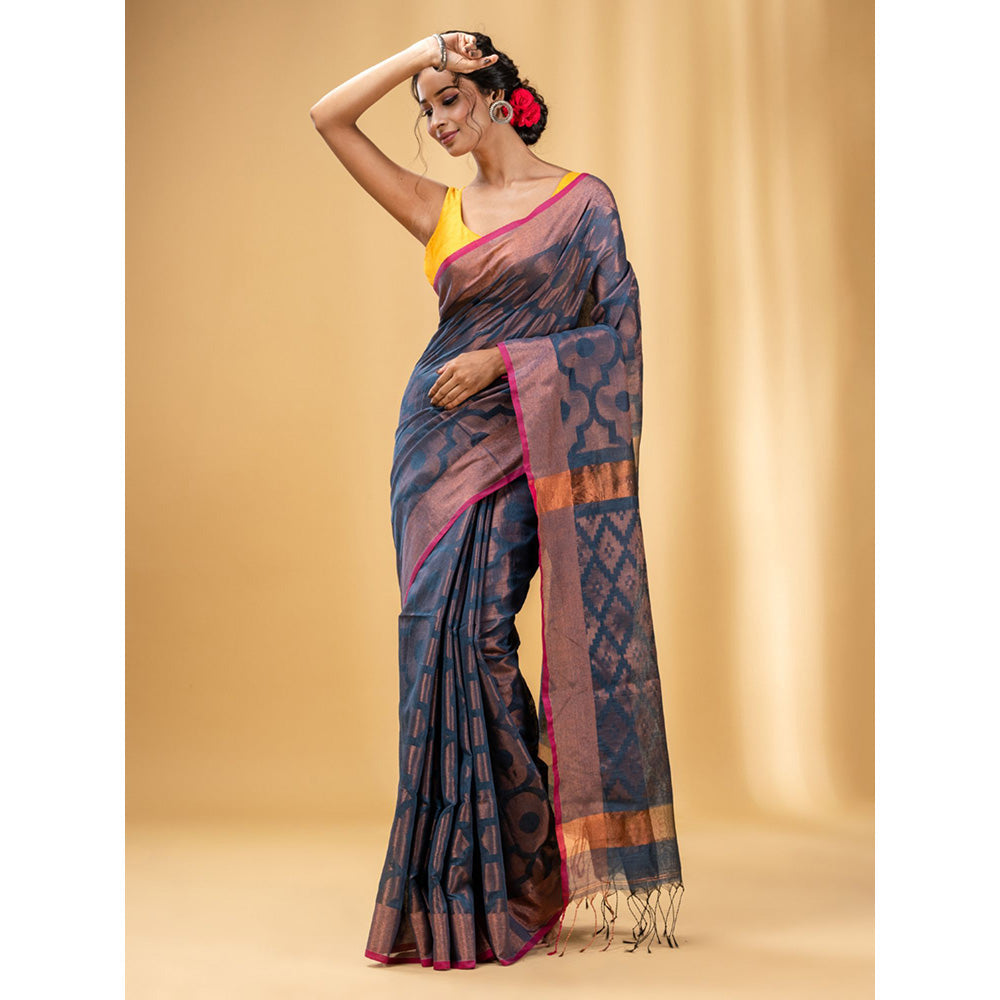 CHARUKRITI Aegean Blue Cotton Blend Handwoven Saree with Texture Pattern with Unstitched Blouse