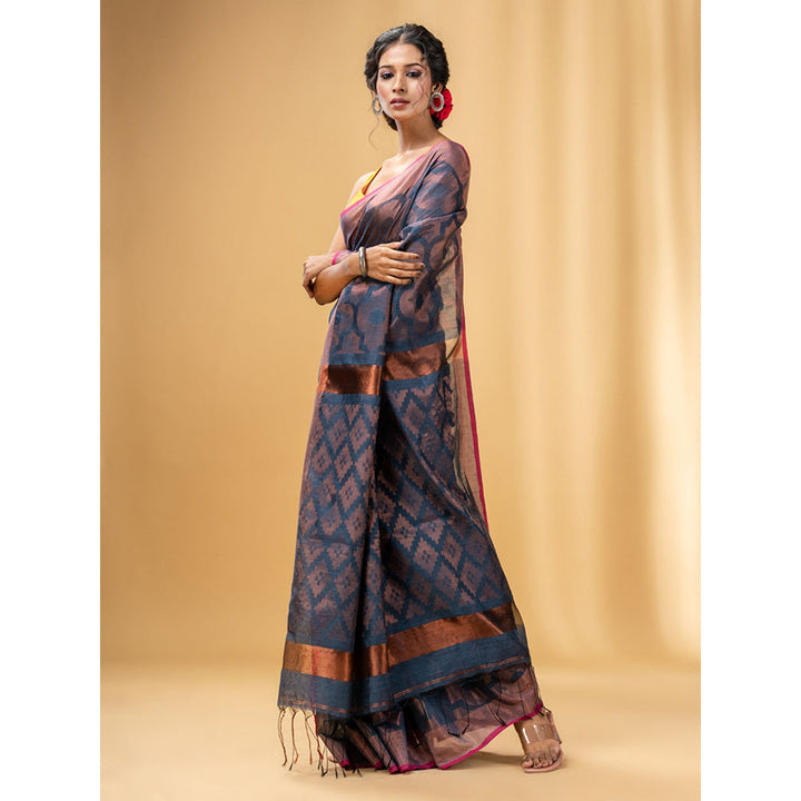 CHARUKRITI Aegean Blue Cotton Blend Handwoven Saree with Texture Pattern with Unstitched Blouse