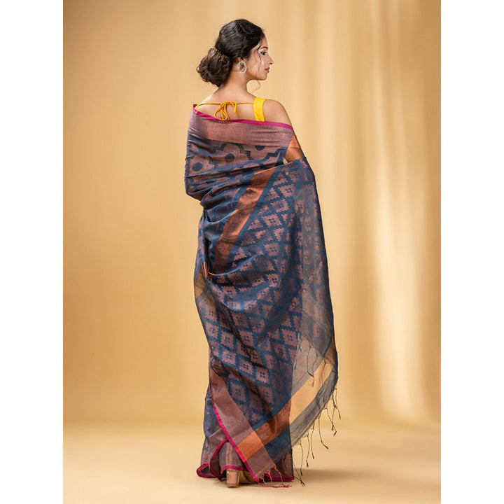 CHARUKRITI Aegean Blue Cotton Blend Handwoven Saree with Texture Pattern with Unstitched Blouse