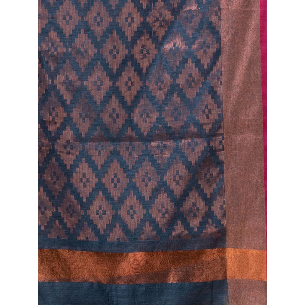 CHARUKRITI Aegean Blue Cotton Blend Handwoven Saree with Texture Pattern with Unstitched Blouse