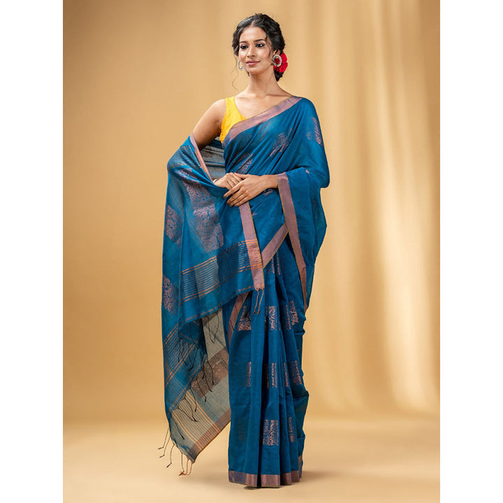 CHARUKRITI Cobalt Blue Cotton Blend Handwoven Saree with Nakshi Design with Unstitched Blouse